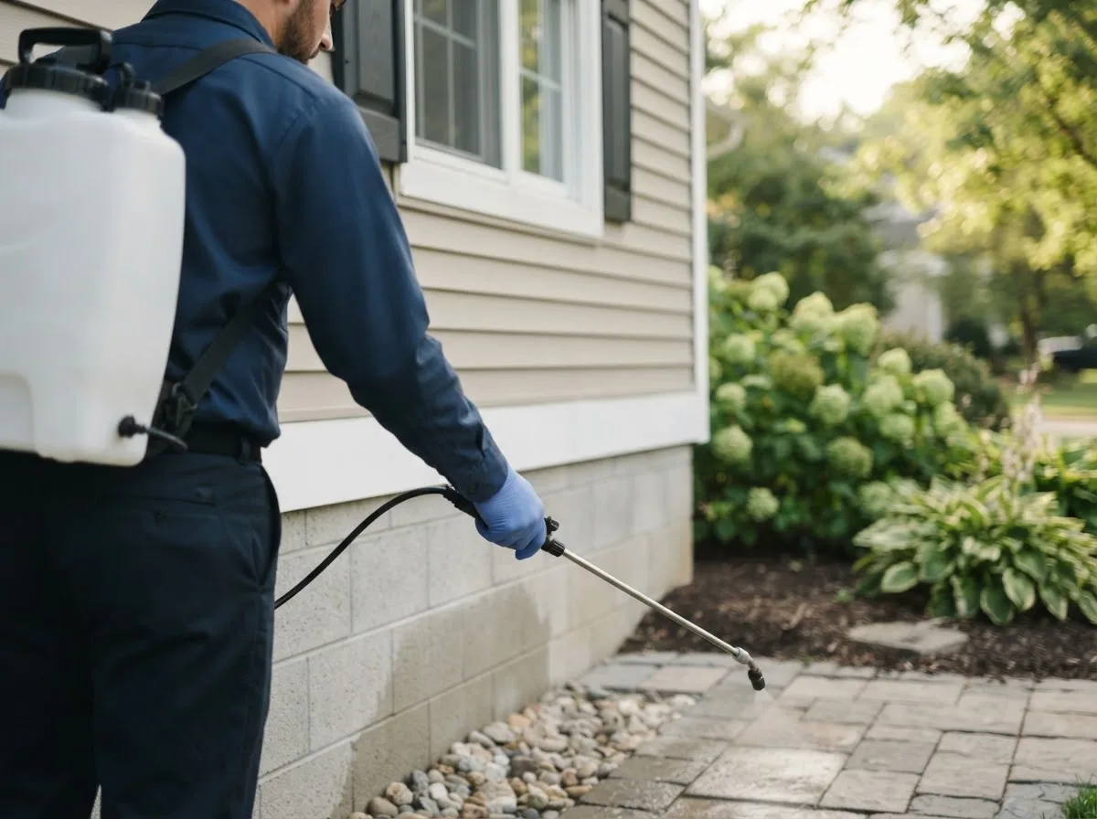 Pest control technician inspecting a home in Wabasso, MN